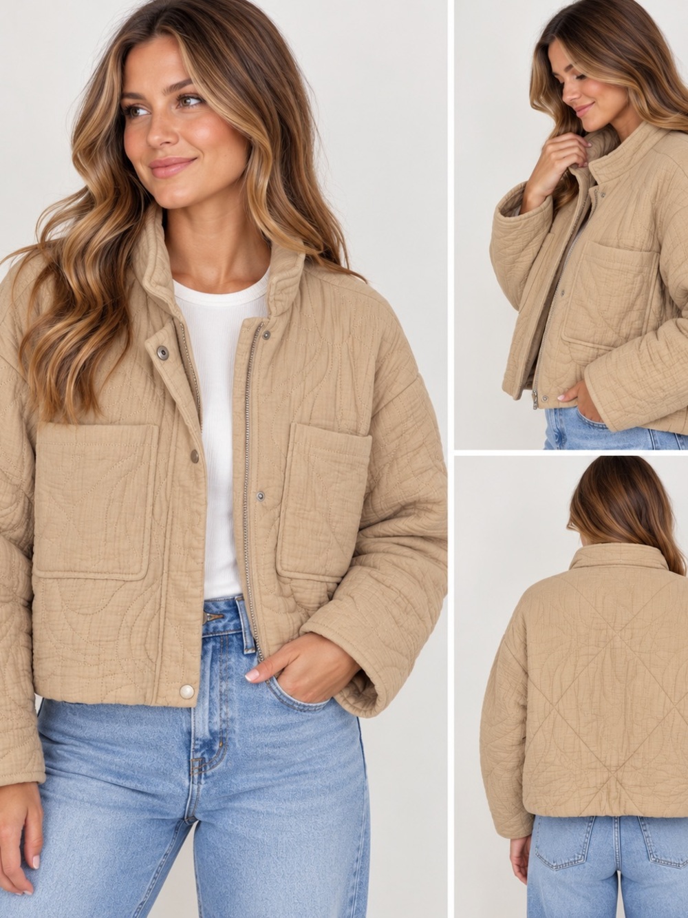 7 For All Mankind Quilted Crop Jacket in Tan